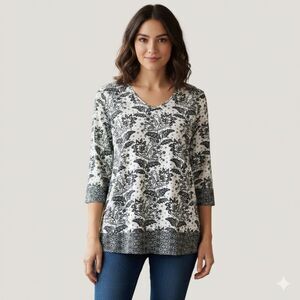 J. Jill Black White Floral 100% Cotton Tunic Top XS 3/4 Sleeve V-Neck Lagenlook